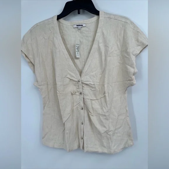 Madewell Linen-Blend Ruched Button-Front Top Size Large NWT $82 - Picture 2 of 6